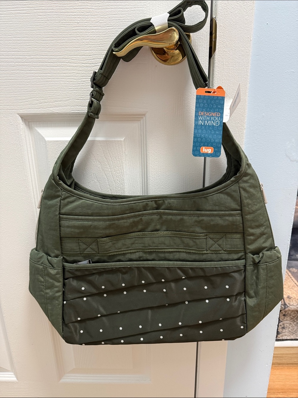 lug Olive Green Quilted Shoulder Bag with White Dot Accents